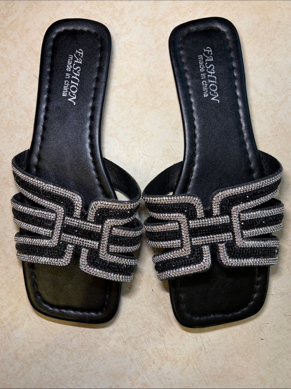 Black Rhinestone Slide Sandals